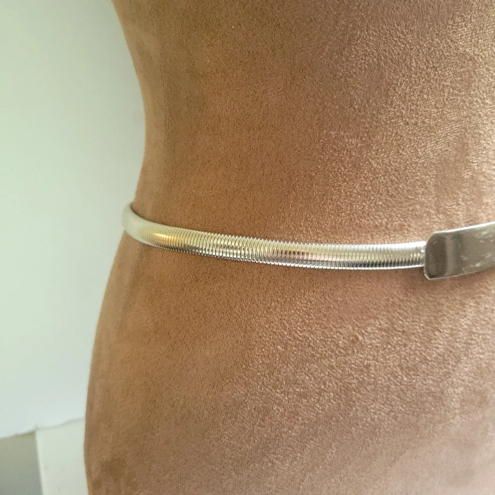 Vintage Silver Metal Snake Chain Stretch Belt Size 26 Minimalist Aesthetic